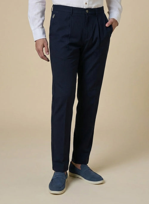 The Harborline, Navy Linen Blend Trousers, Comfort Fit