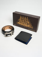The Helm Signature Leather Gift Set – Belt & Wallet · Black/Black with Blue Accent