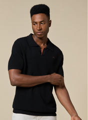 The Shadow  – Cotton V-Neck Polo, Jet Black, Comfort Fit