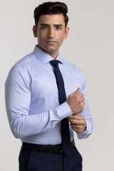 The Non-Iron Stripes Blue Striped Dress Shirt with Semi Cut Away Collar & Sharp Definition, Comfort Fit