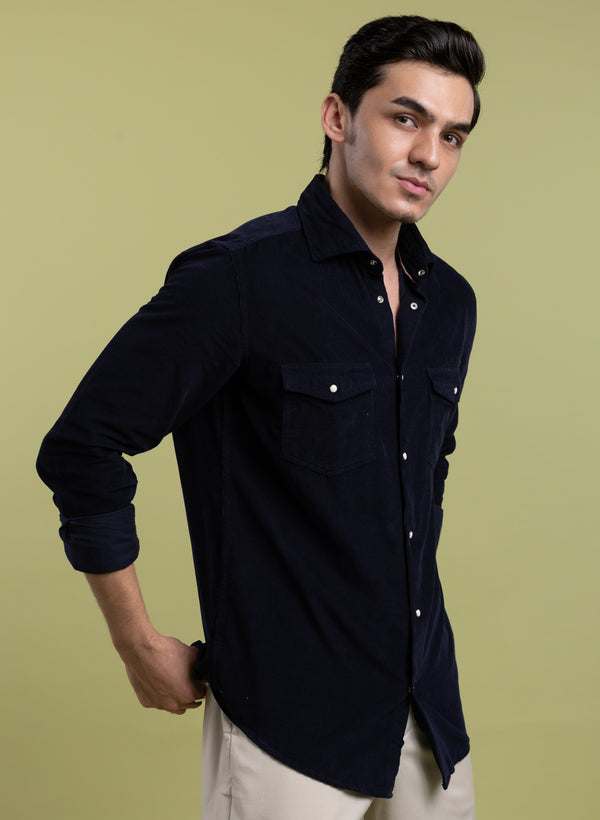 The Midnight Corduroy Black Shirt with Luxuriously Soft Velvet Touch, Slim Fit