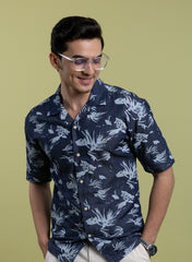 The Ocean Print Navy Denim Shirt with Vintage-Wash Character, Comfort Fit
