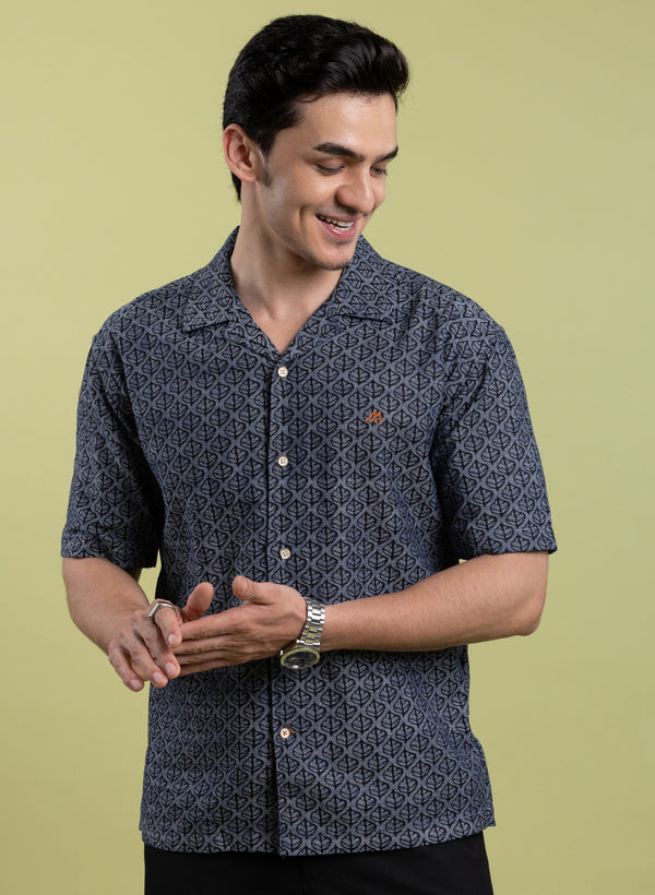 The Urban Texture Grey Denim Shirt with Rugged Printed Finish, Comfort Fit