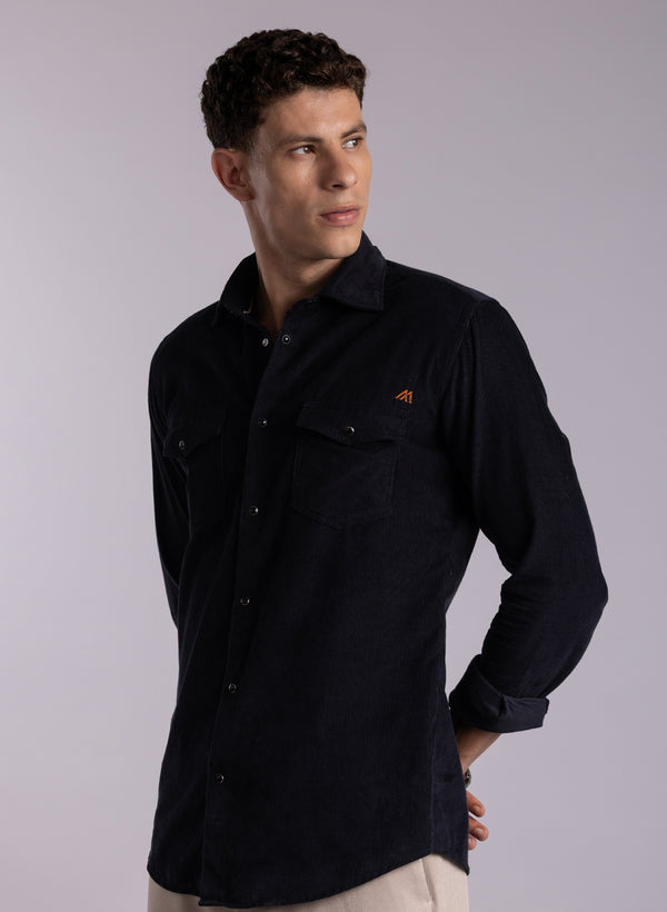 The Ribbed Night Navy Corduroy Shirt with Deep Texture, Slim Fit