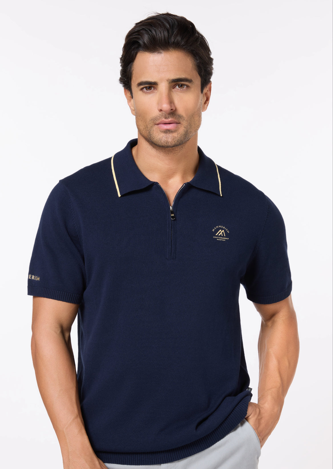 The Deep Navy – Cotton Polo with Quarter-Zip, Comfort Fit – Mannerism