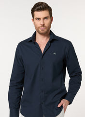 The Smooth Drape Navy Twill Shirt with Fluid Movement, Slim Fit