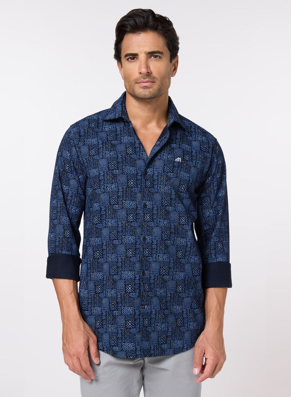 The Luxe Print Navy Oxford Shirt with Rich Printed Finish, Slim Fit