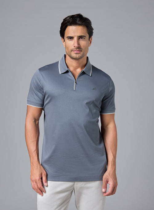 The Anchorage, Grey Cotton Zip Polo, Comfort Fit
